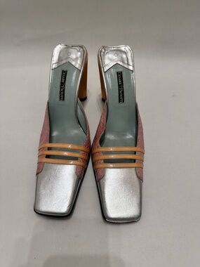 Cesare Paciotti Pink, Silver & Tan Leather Block Heel Mules